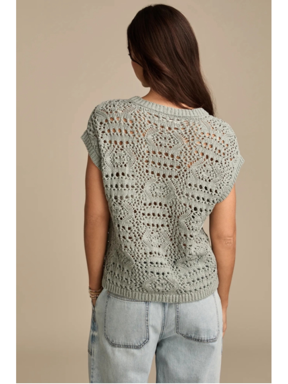 Women's Lucky Brand Green Crochet Knit Crew Neck Sweater Size L - Picture 2 of 10